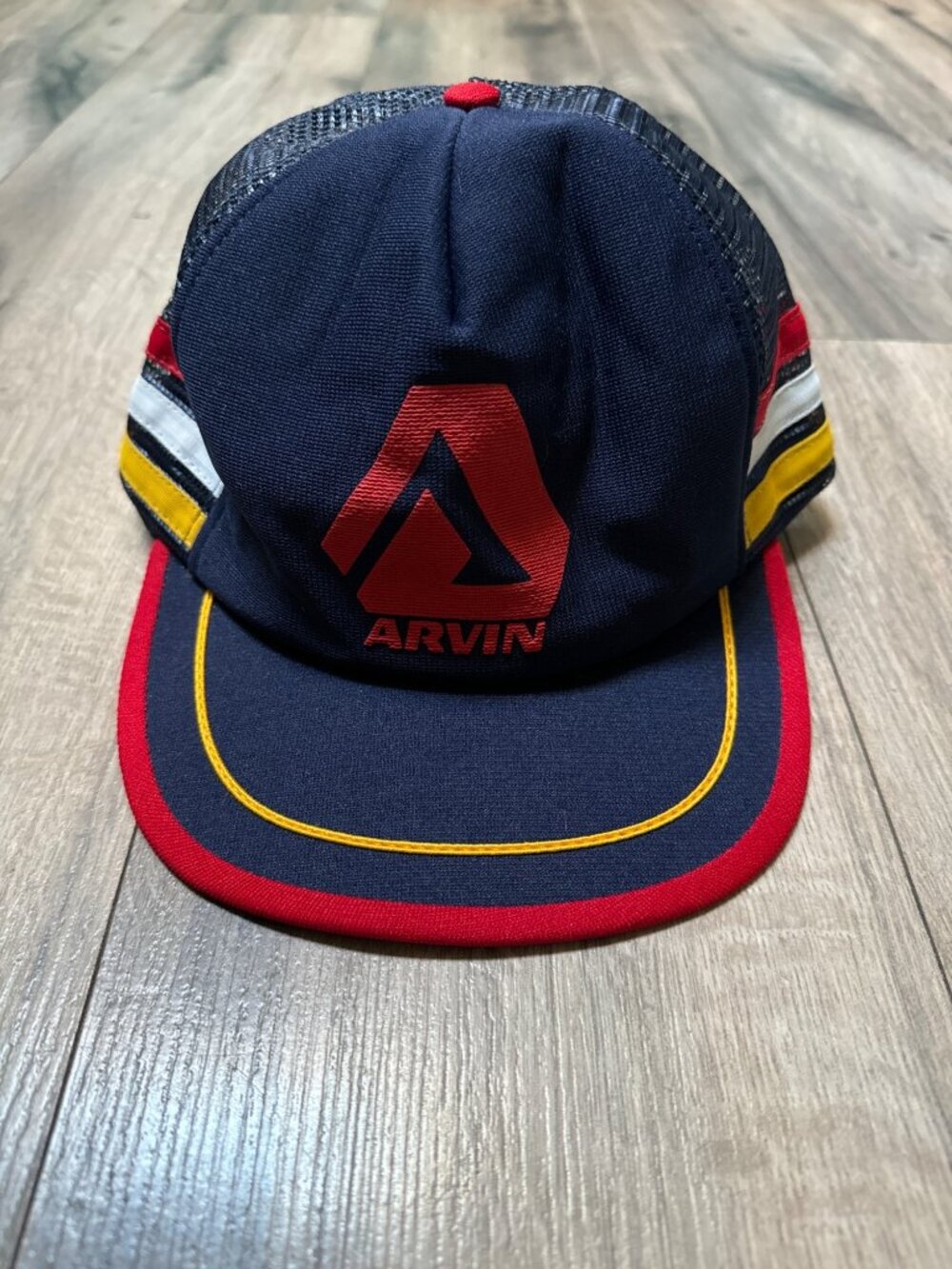 Vintage Arvin Stripe Navy & Red Trucker Hat With Snapback Closure Made In USA